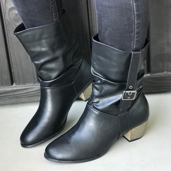 NIB Black Mid-Calf Buckle Chunky Heel Slouch Boots - Picture 2 of 4